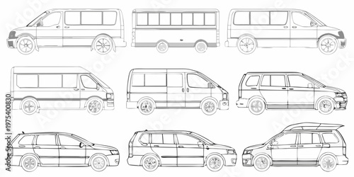 Line art illustrations of various vans and microbuses in side view