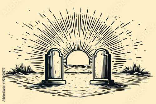 An arched doorway framed by stone pillars leading to a radiant light