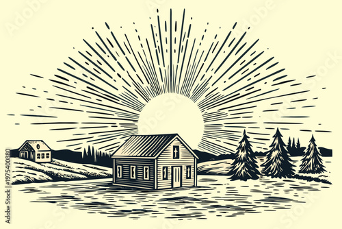 Vintage illustration of cabins and a radiant sunburst in a landscape
