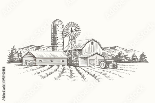 Vintage farm scene with barn silo windmill and agricultural fields