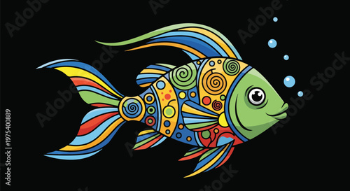 Colorful Pixel Art Fish With Swirls On Black Isolated Background Vector