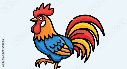 Colorful Pixel Art Rooster Illustration Isolated On Light Blue Background