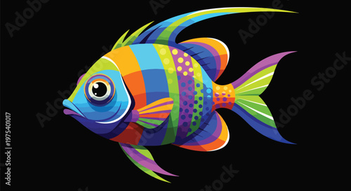 Colorful Pixel Art Tropical Fish Vector Illustration On Black Background