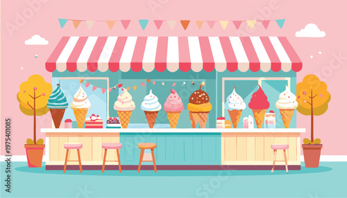 vector Colorful Ice Cream Stand with Various Flavors and Toppings