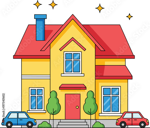 Colorful cartoon house vector illustration with red roof yellow walls blue cars green trees and shining stars isolated on white background for real estate.