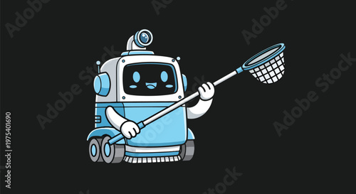 Cute Blue Pixel Art Robot Holding Butterfly Net On Black Background