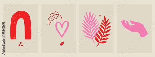 Heart and Pink Palm, Minimalist Romantic Art, Modern Summer Illustration, Abstract Love Poster, Pink Leaf Wall Decor, Geometric Heart Graphics, Contemporary Tropical Print.
