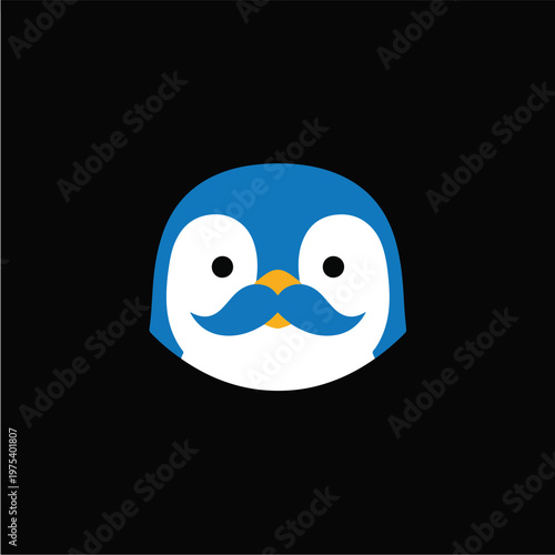 Cute Flat Design Blue Penguin Avatar With Mustache On Black Background