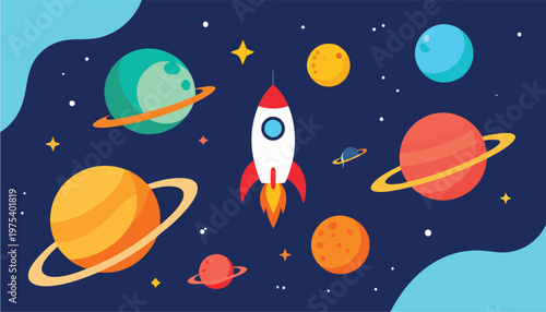 vector Colorful Space Rocket and Planets Illustration