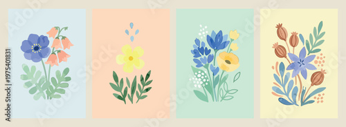 Spring Flowers and Bluebell, Minimalist Floral Poster, Modern Botanical Illustration, Pastel Garden Wall Art, Geometric Flower Print, Soft Nature Graphics, Spring Season Decor.