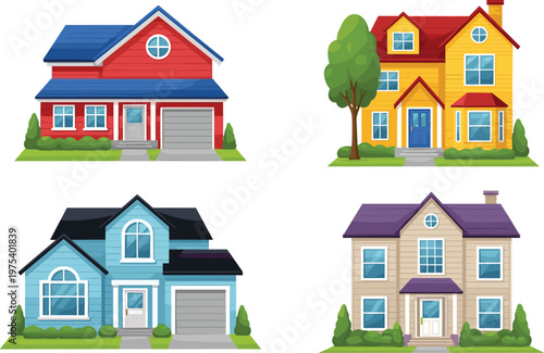 Colorful Set of Four Modern Suburban Family House Illustrations Featuring Two Story Designs, Garages, Garden Landscaping, and Vibrant Exterior Architectures Isolated on White Background