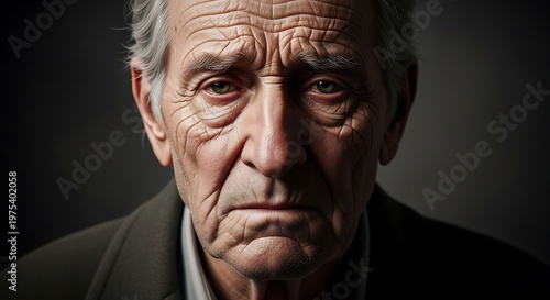 Old Man Face Portrait with Deep Wrinkles in Dim Lighting