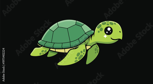 Cute Pixel Art Green Sea Turtle Swimming On Black Background Isolated Vector