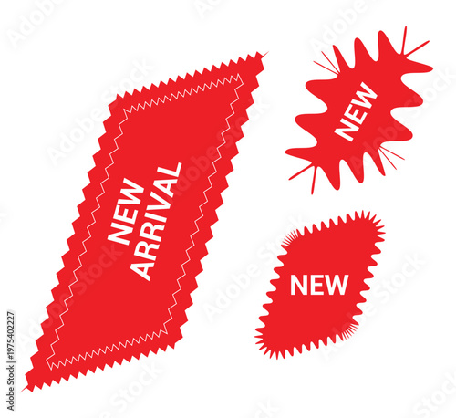 Bold red new arrival stickers set, New arrival shop product tag icon, Modern sale labels for retail and promotion.