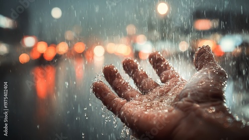 Outstretched hand catching raindrops in a city at night, with blurred lights creating a bokeh effect.