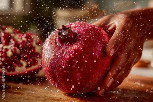 A vibrant pomegranate being held, with water droplets creating a refreshing and dynamic scene.