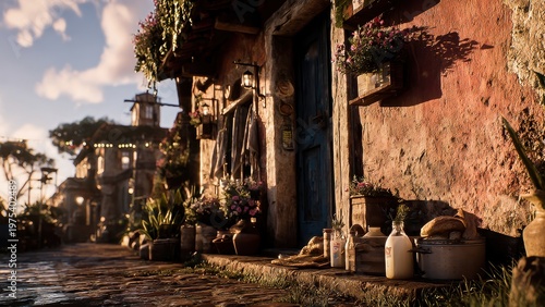 Charming rustic village scene with flowers and milk bottles on a cobblestone street under warm morning light.