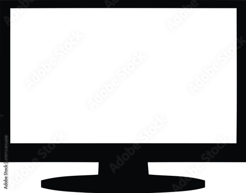 Modern flat screen computer monitor, black outline and base, simple technology icon for display or screen related concepts