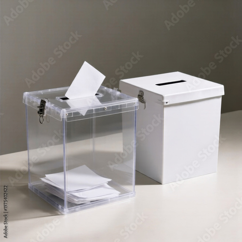 Transparent and solid ballot boxes representing contrast between visibility and opacity within political governance and election systems