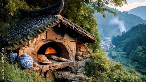 Rustic traditional oven in a serene countryside setting, showcasing cultural heritage and natural beauty.