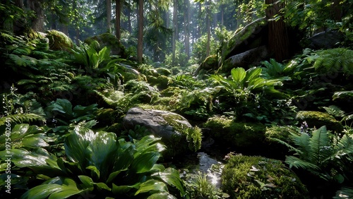 Lush forest scene with sunlight filtering through dense foliage, creating a serene and tranquil atmosphere.