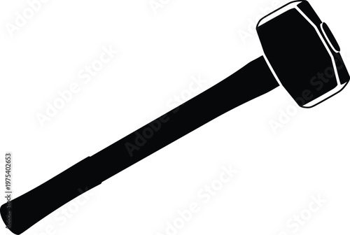 Black silhouette of heavy tool used for demolition and construction work with long wooden handle isolated on white background