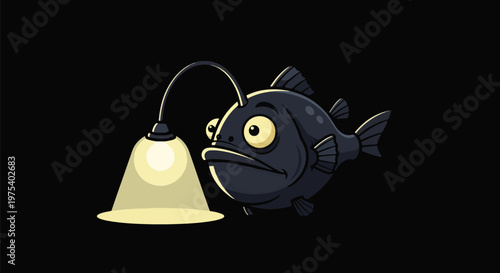 Dark Pixel Art Angler Fish With Glowing Light Lamp And Black Background