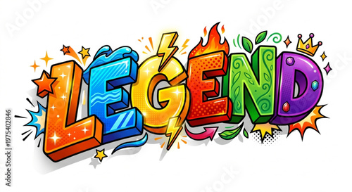 3D Pop Art Style "LEGEND" Text Illustration with Colorful Graffiti Elements
