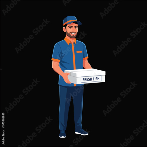 Delivery Man Holding Fresh Fish Box Isolated Pixel Art Character