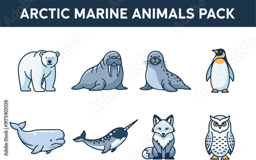 Set of cute arctic marine animals including polar bear, walrus, seal, penguin, whale, narwhal, fox, and owl