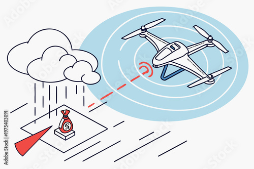 Isometric air defense drones attacking delta wing aircraft, explosion effect illustrating interception and unmanned military technology concept.