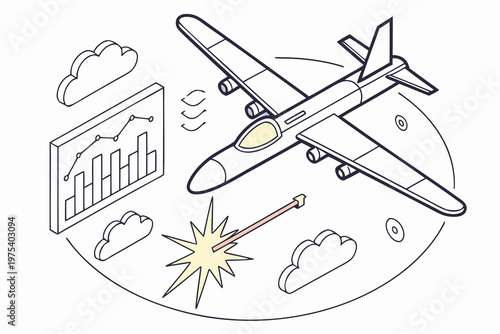 Drone formation intercepting target aircraft in isometric view, explosion impact representing aerial defense and security response operations.