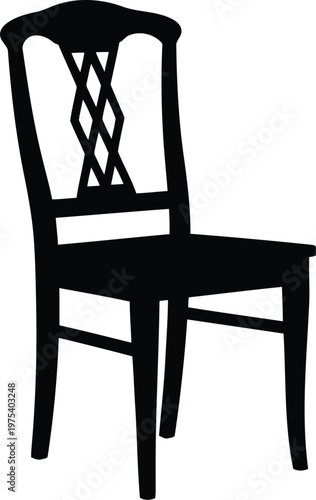 Black silhouette classic wooden chair with ornate backrest isolated on transparent background for interior design