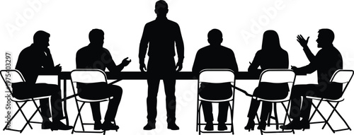 Business meeting silhouette set, professional team discussion at long table, leader standing and people sitting, office work groups isolated on white background, professional illustration.