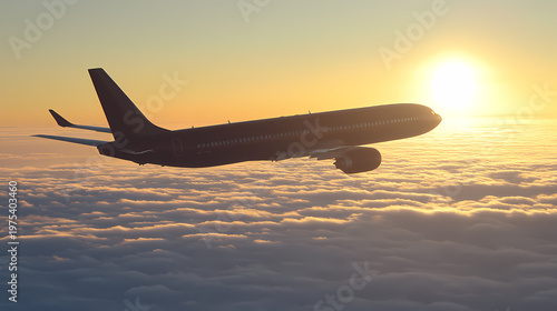 Airplane Flying Above Clouds at Sunset