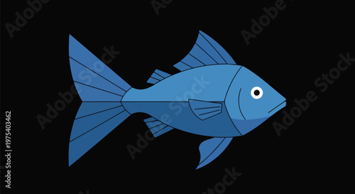 Flat Blue Fish Illustration Over Black Background Minimal Vector Graphic