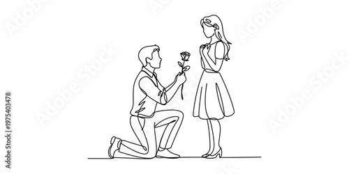 A beautiful continuous line drawing of a man kneeling to propose with a rose to a lovely woman Vector, illustration