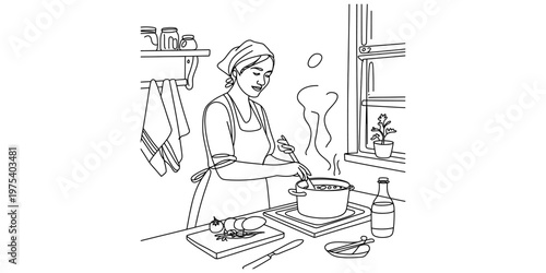 A woman wearing an apron prepares a delicious meal in her kitchen with fresh ingredients on hand Vector, illustration