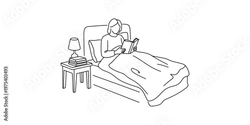 A simple black and white line drawing of a person sitting in bed and reading a book at night time Vector, illustration