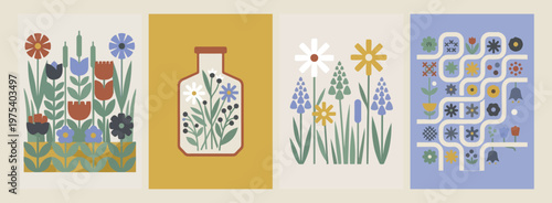 Bottle and Wildflowers, Modern Botanical Art, Minimalist Nature Poster, Abstract Floral Illustration, Geometric Plant Graphics, Contemporary Garden Decor, Bottle Flower Print.