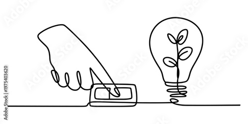 A single continuous line drawing of a hand pressing a light switch to turn on a green energy bulb Vector, illustration