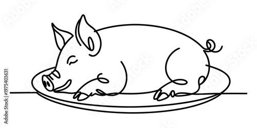 A minimalist single line drawing of a cute pig resting comfortably on top of a ceramic dinner plate Vector, illustration