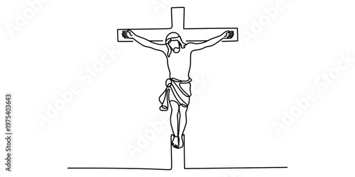 A minimalist single line drawing of jesus christ hanging on the cross representing crucifixion Vector, illustration