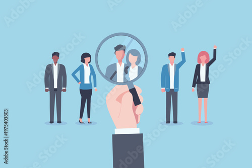 Recruitment process visualized with a magnifying glass focusing on a candidate
