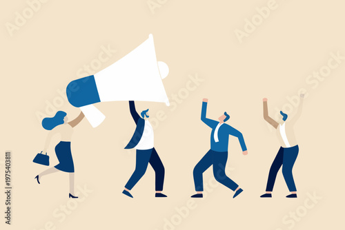 Team announcing a message with a megaphone celebrating success together