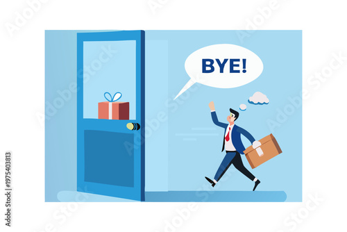 A man waves goodbye while leaving an office with a gift and box