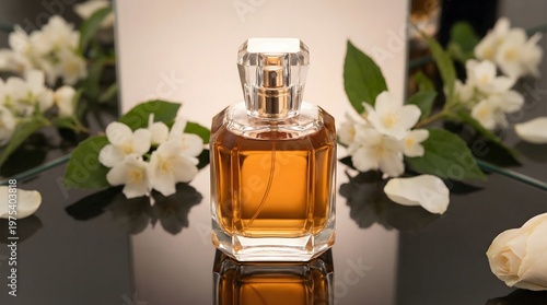 Modern perfume bottle with reflective surface and minimal styling, creating a clean and contemporary fragrance visual.