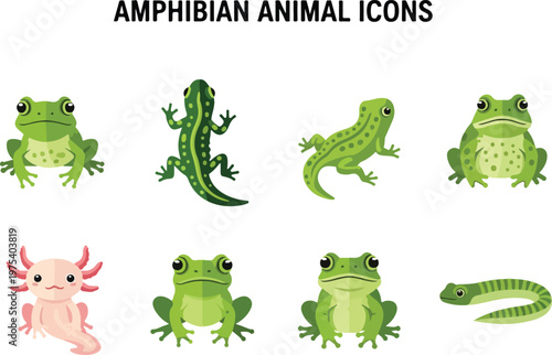Collection of diverse amphibian animal icons, including frogs, salamanders, and newts