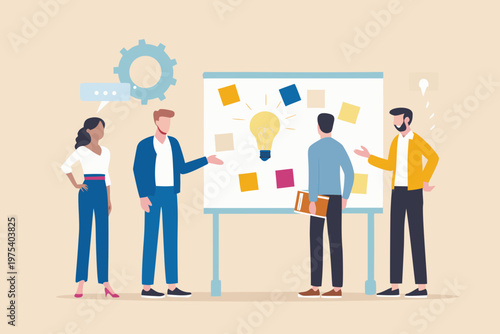 Team brainstorming ideas on a whiteboard with a glowing lightbulb