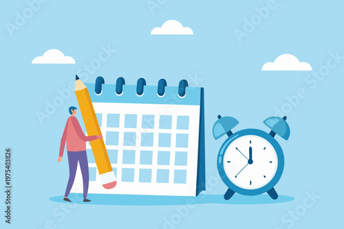 Planning and scheduling a small figure marks time on a calendar